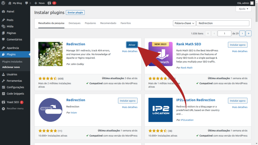 tela de ativação do plugin Redirection