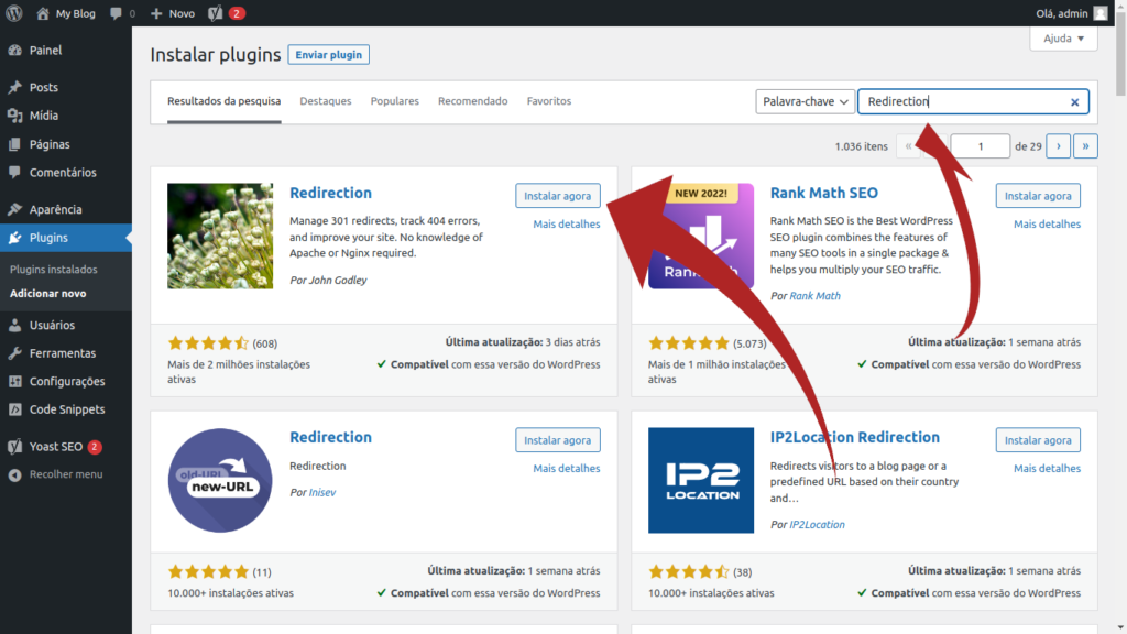 instalação do plugin Redirection