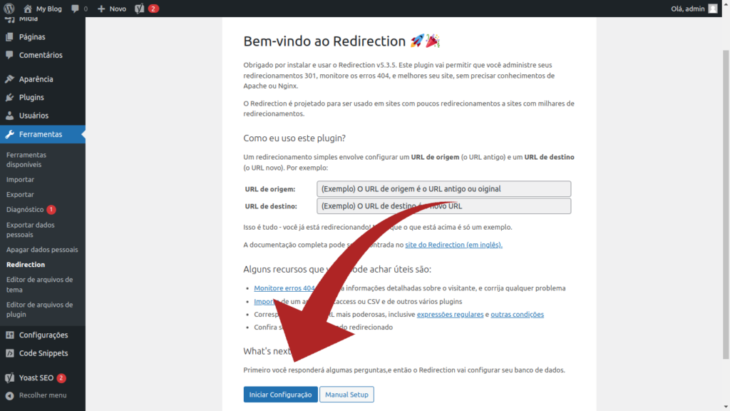 Tela de configuração de plugin Redirection