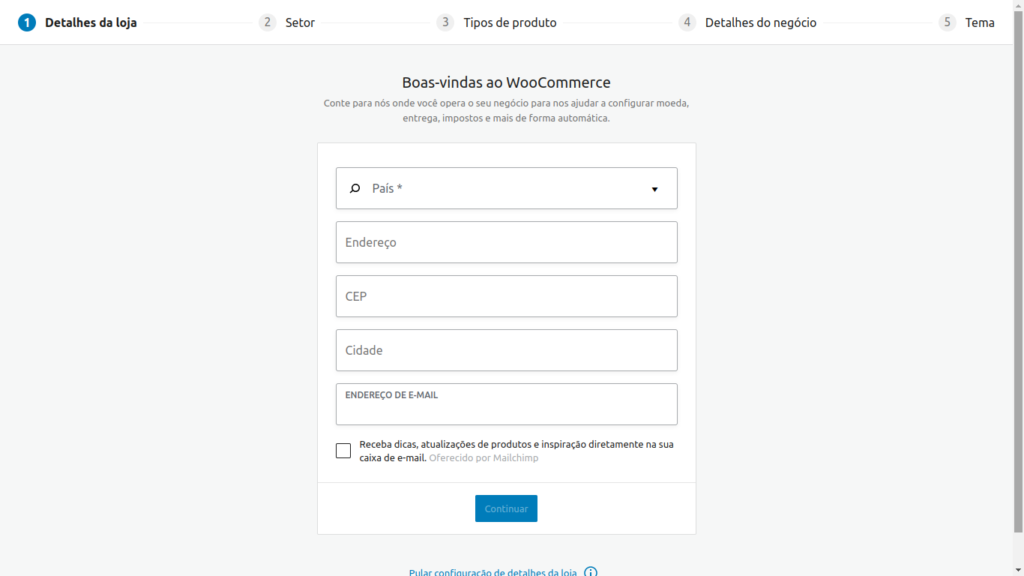 Tela configuração Woocommerce
