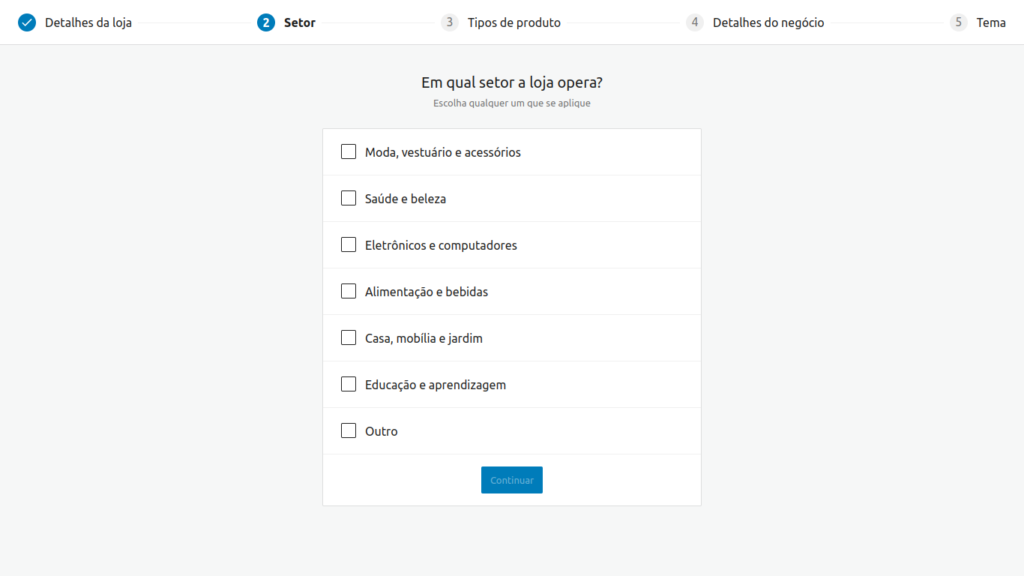 tela configuração setor da loja
