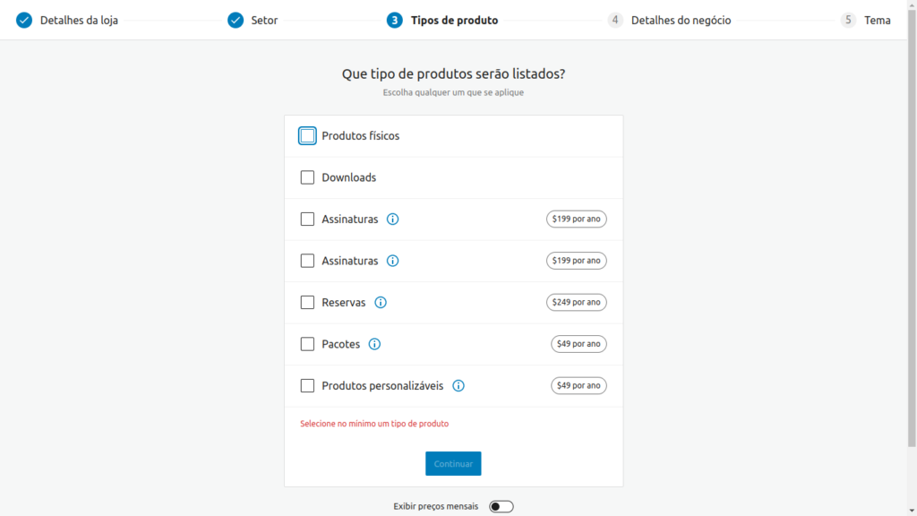 tela tipo de produtos da loja virtual