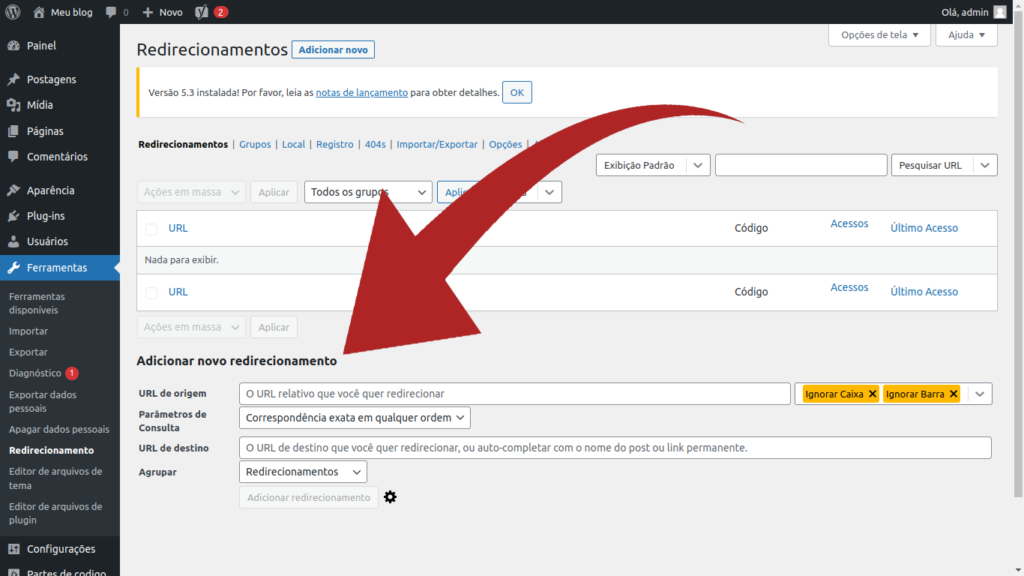 tela de gerenciamento do redirecionamento