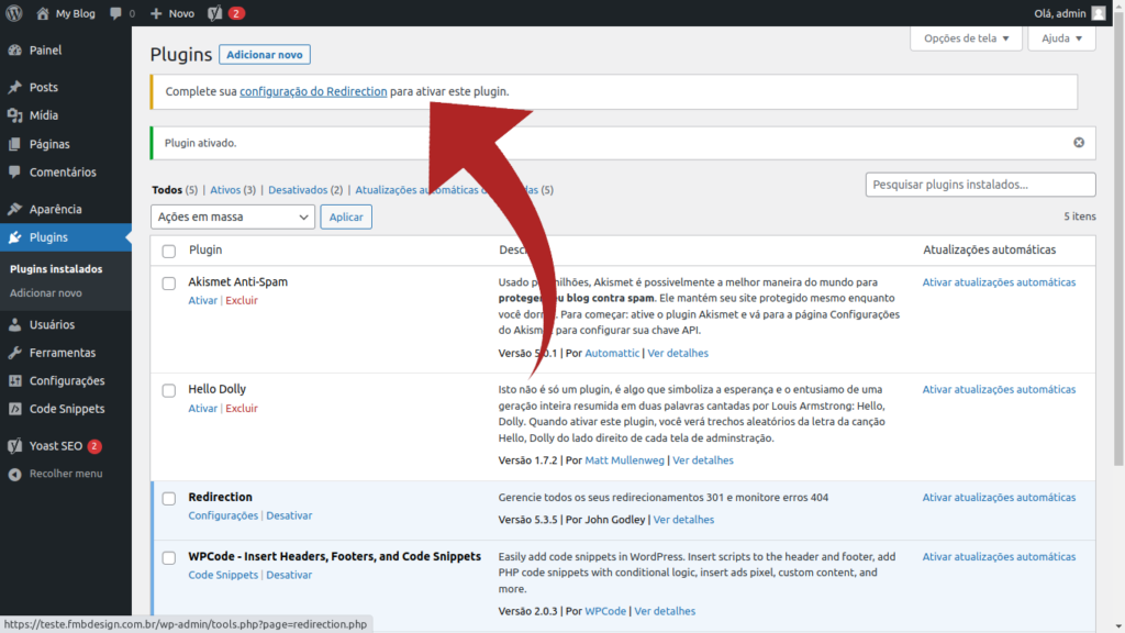 pré tela configurar plugin Redirection